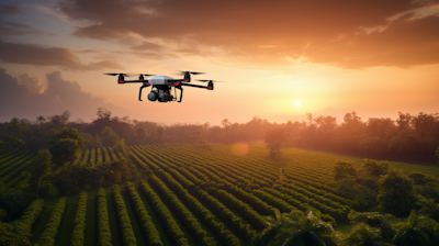 A-drone-flying-over-a-plantation-ia-a-sunset