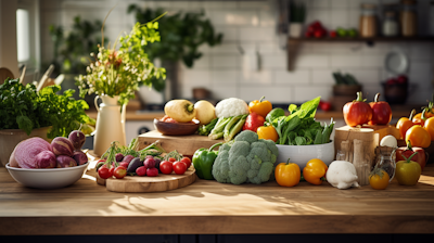 Fruits-and-vegetables-on-a-wood-counter-inside-a-beautifull-kitchen