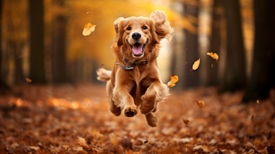 Golden-Retriever-Dog-Jumping-Among-Autumn-Leaves