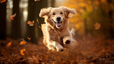 Golden-Retriever-Dog-Jumping-Among-Autumn-Leaves