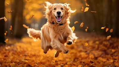 Golden-Retriever-Dog-Jumping-Among-Autumn-Leaves